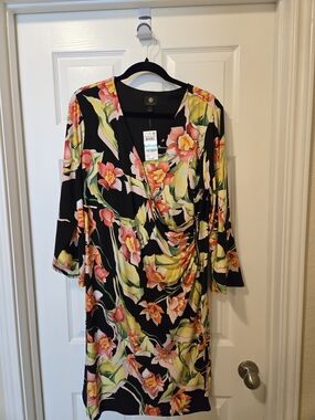JM Collection Black Floral Midi Dress with Pink and Yellow Blooms